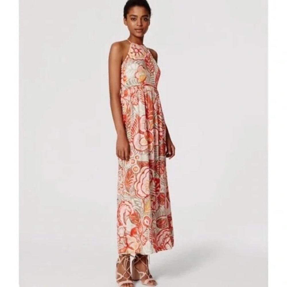Loft Floral Halter Maxi Dress Size 8 Multicolored Flowy‎ Colorful Boho Vacation